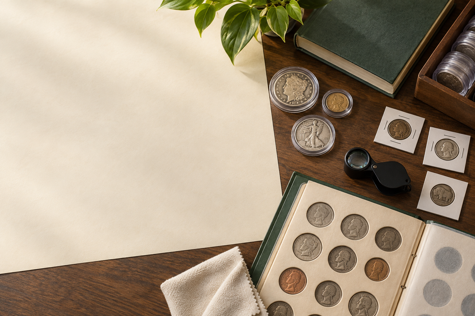 Coin album, holders and magnifier on a collector's desk
